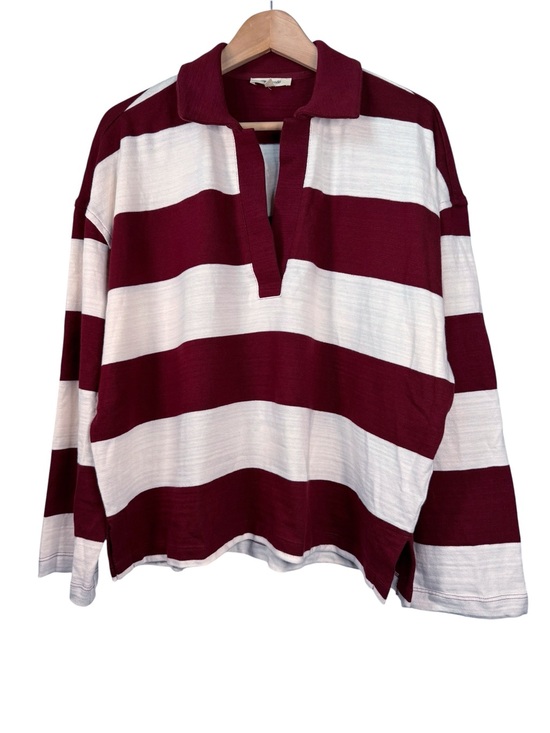Madewell Tops - SOLD Madewell Rugby Polo Shirt Large Maroon White Stripe Oversized Long Sleeve